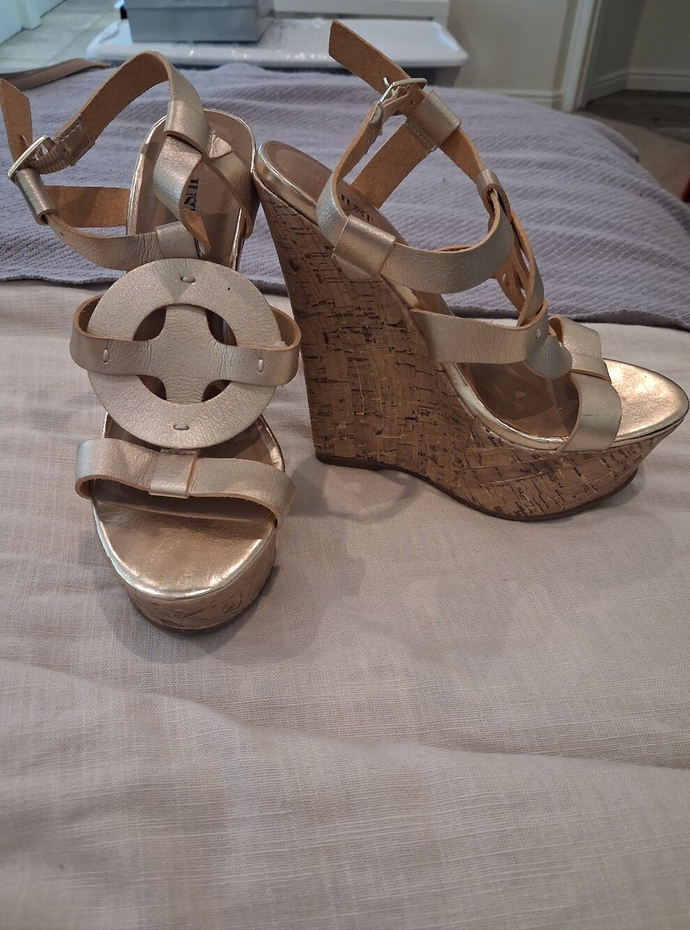 Just Fab Metallic Gold Cork Wedge Sandals - Women Size 8